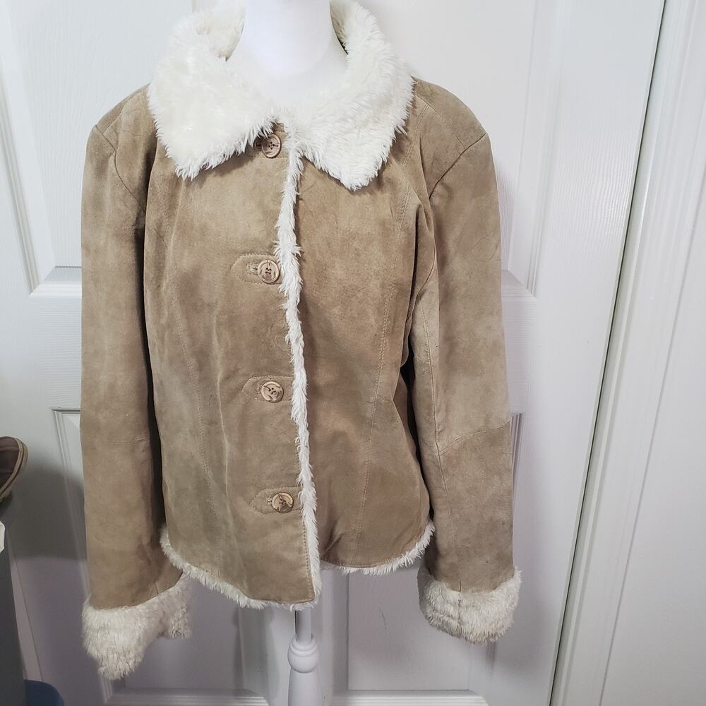 Dunn & Cole Leather Jacket Women L Beige Fur Trim Quilted Penny Lane Coat 90s